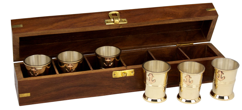Box W/ 6 Brass Shot Glasses