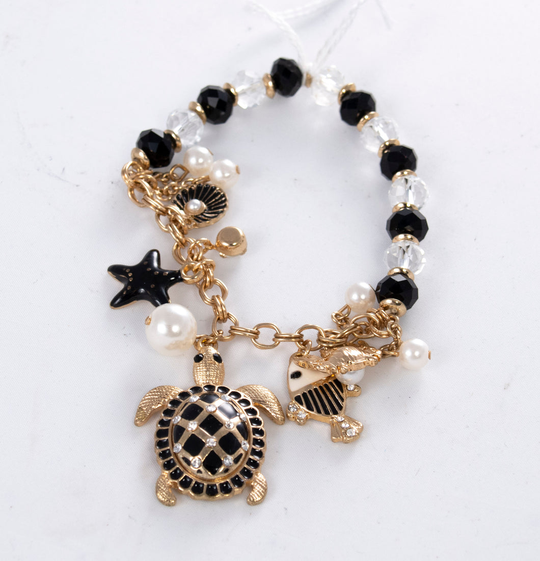 w/ Black, White Beads & Gold Sealife - Bracelet