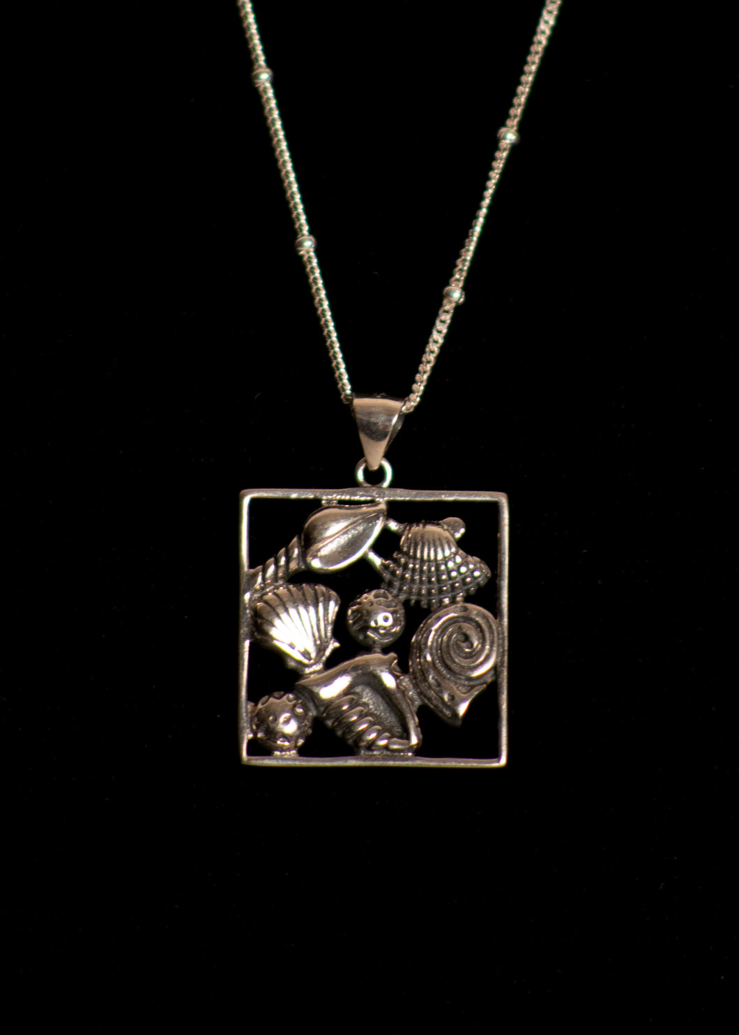 Sterling Silver Square Pendant Necklace with Shells