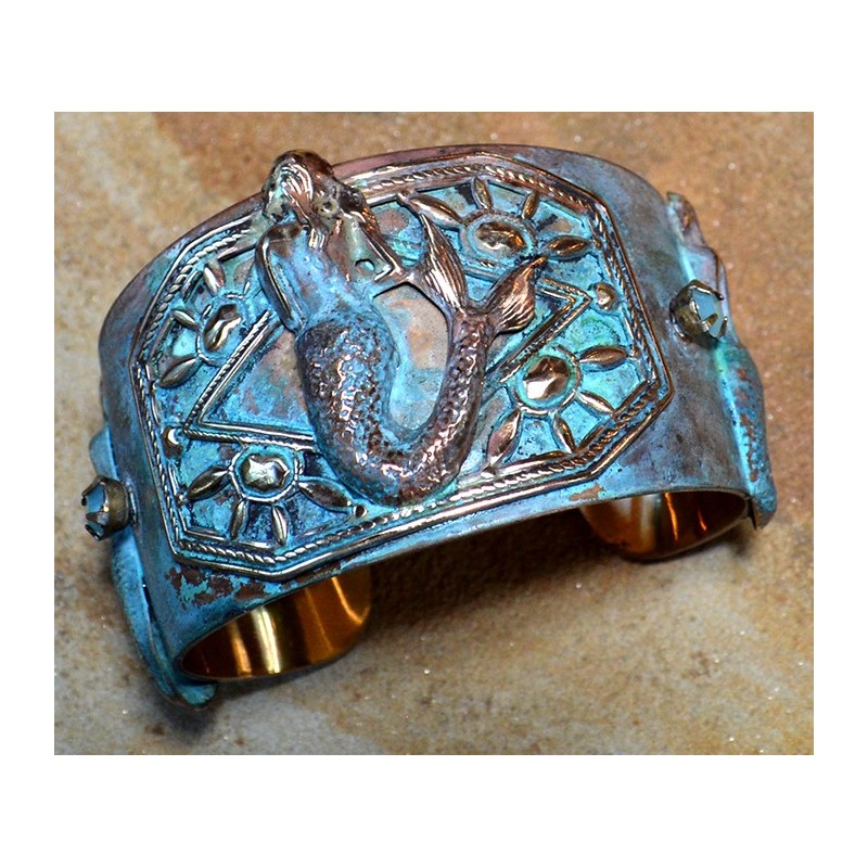 Verdigris Patina Solid Brass Mermaid Tapered Cuff Bracelet - Swarovski Crystals