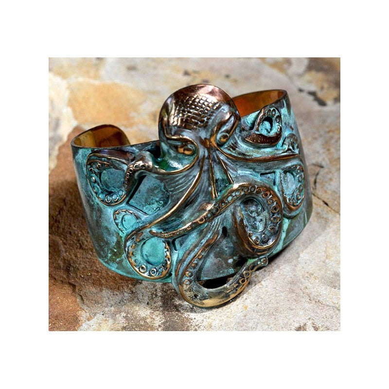 Verdigris Patina Brass Sculptural Octopus Tapered Cuff Bracelet