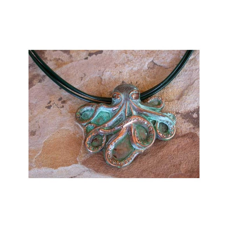 Verdigris Patina Solid Brass Sculptural Octopus Pendant