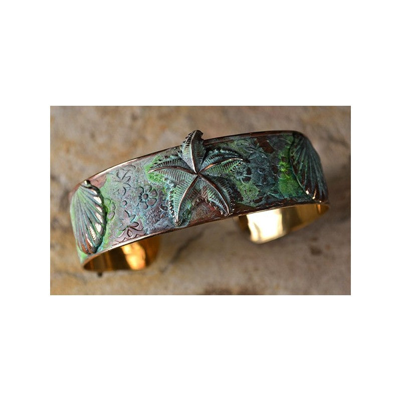 Verdigris Patina Brass Starfish and Scallop Shells Cuff Bracelet