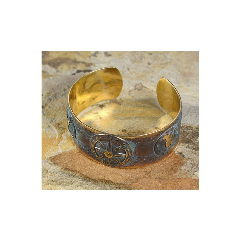 World Traveler Verdigris Patina Brass Compass and Globe Cuff